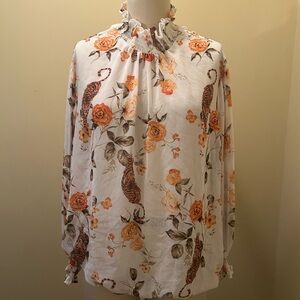 New York & Company Floral Ruffle Blouse - Orange and Brown